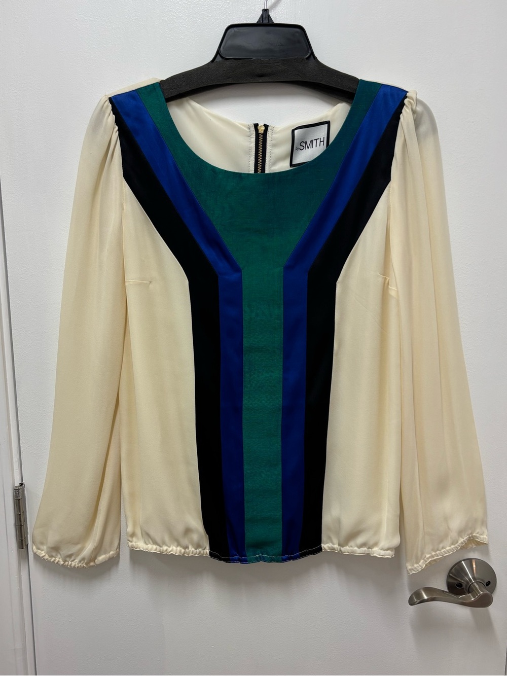 SMITH Cream Blouse with Green and Blue Chevron Panels
